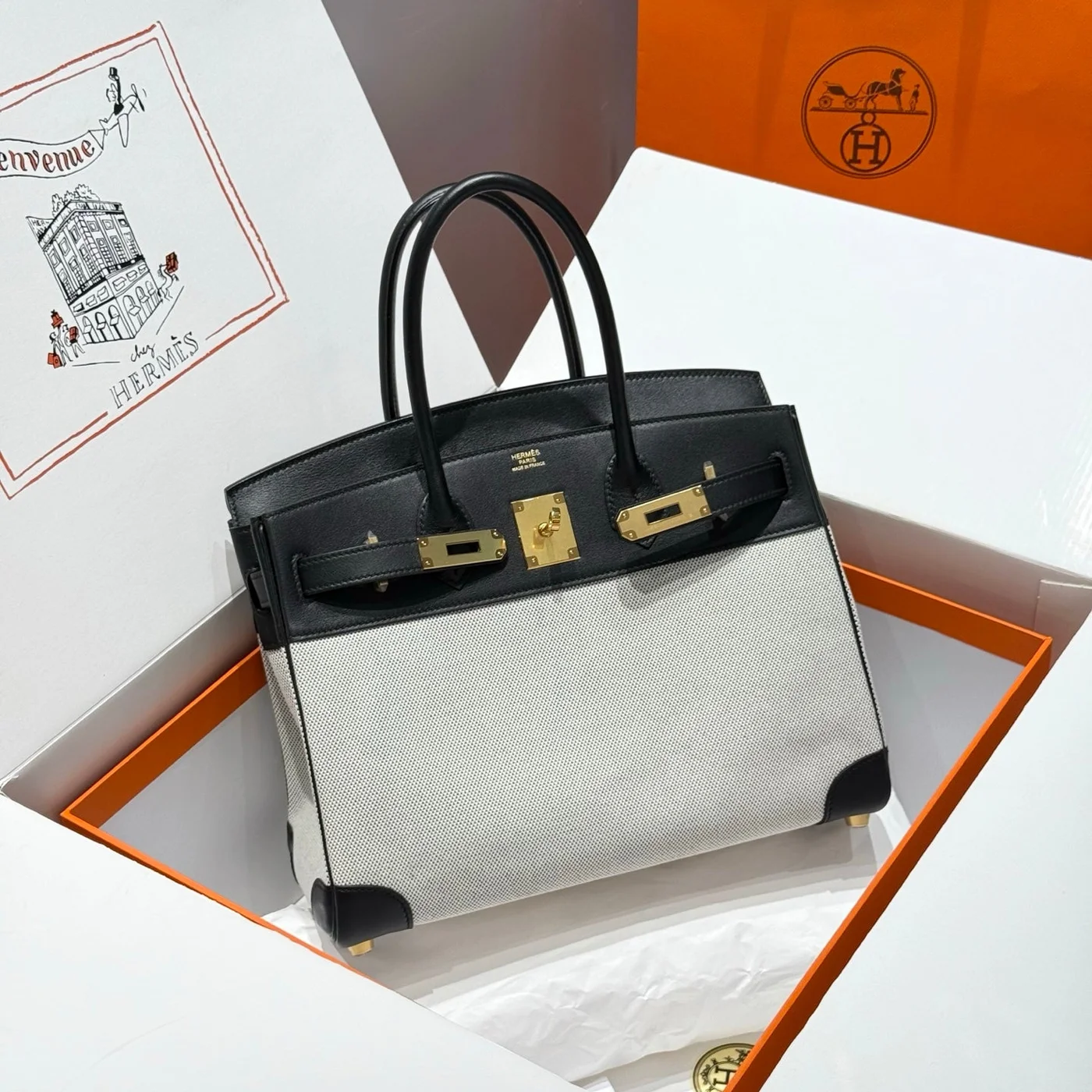 Hermès Quadrille Birkin 30 In Black Swift White Toile Canvas Bag product view 1