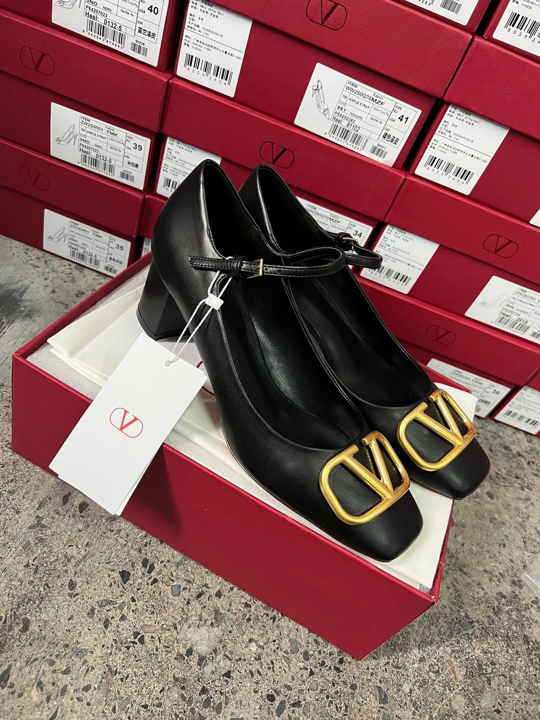Valentino Women Black Mary Jane Heels with Gold-Tone VLogo Detail product view 5