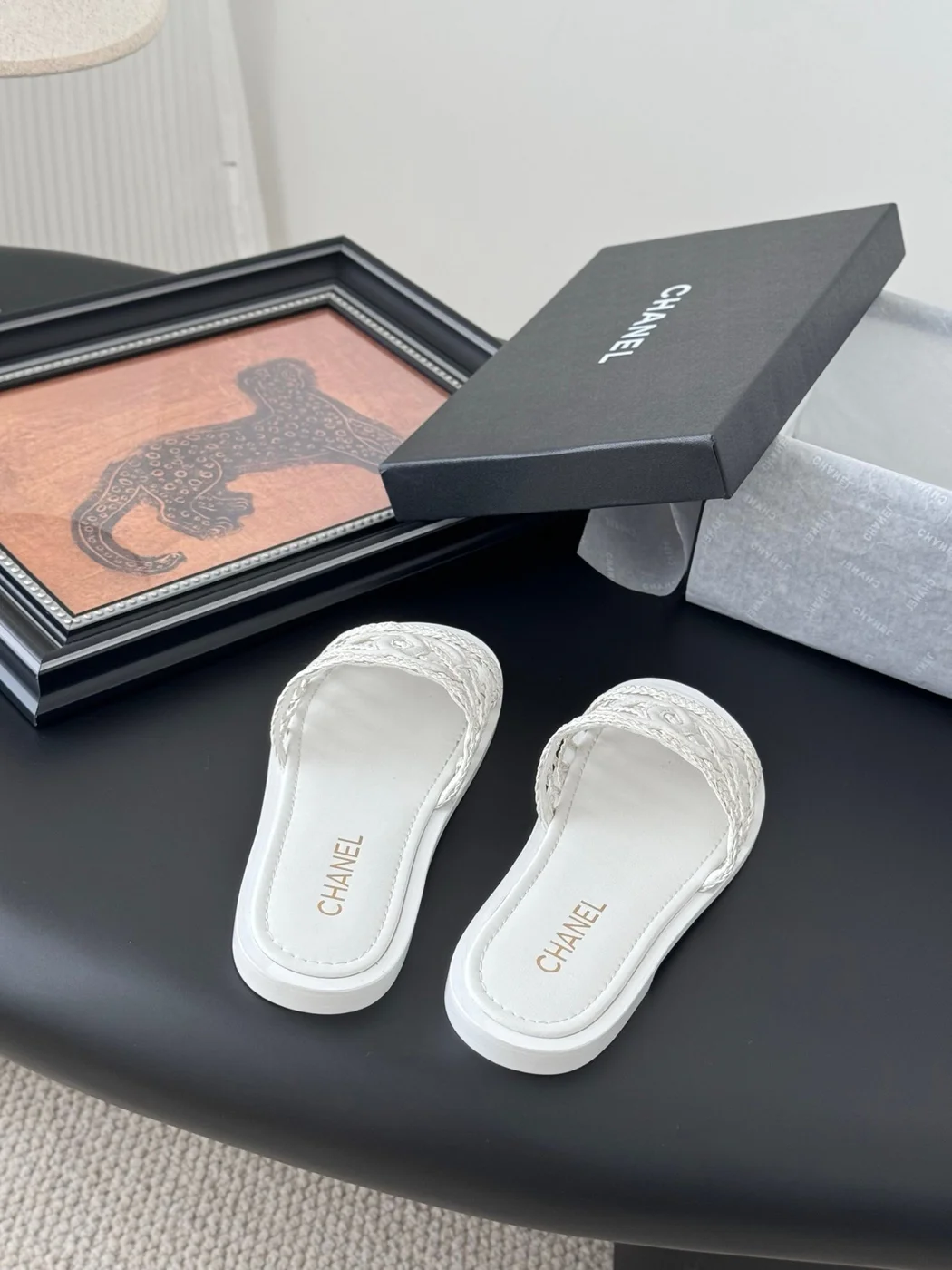 Chanel Women White Woven Leather Slides product view 6