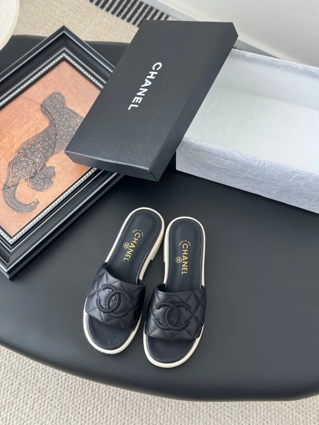Chanel Women Black Leather Quilted Slides — Tonal CC Detail product view 1