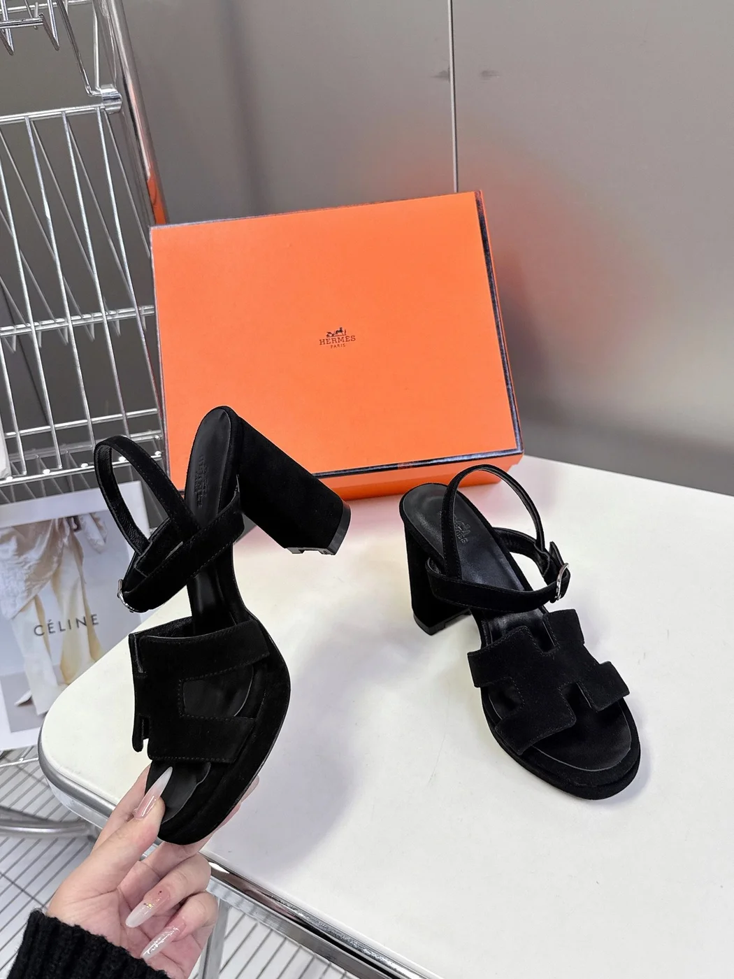Hermès Women Black Suede Sandals product view 5