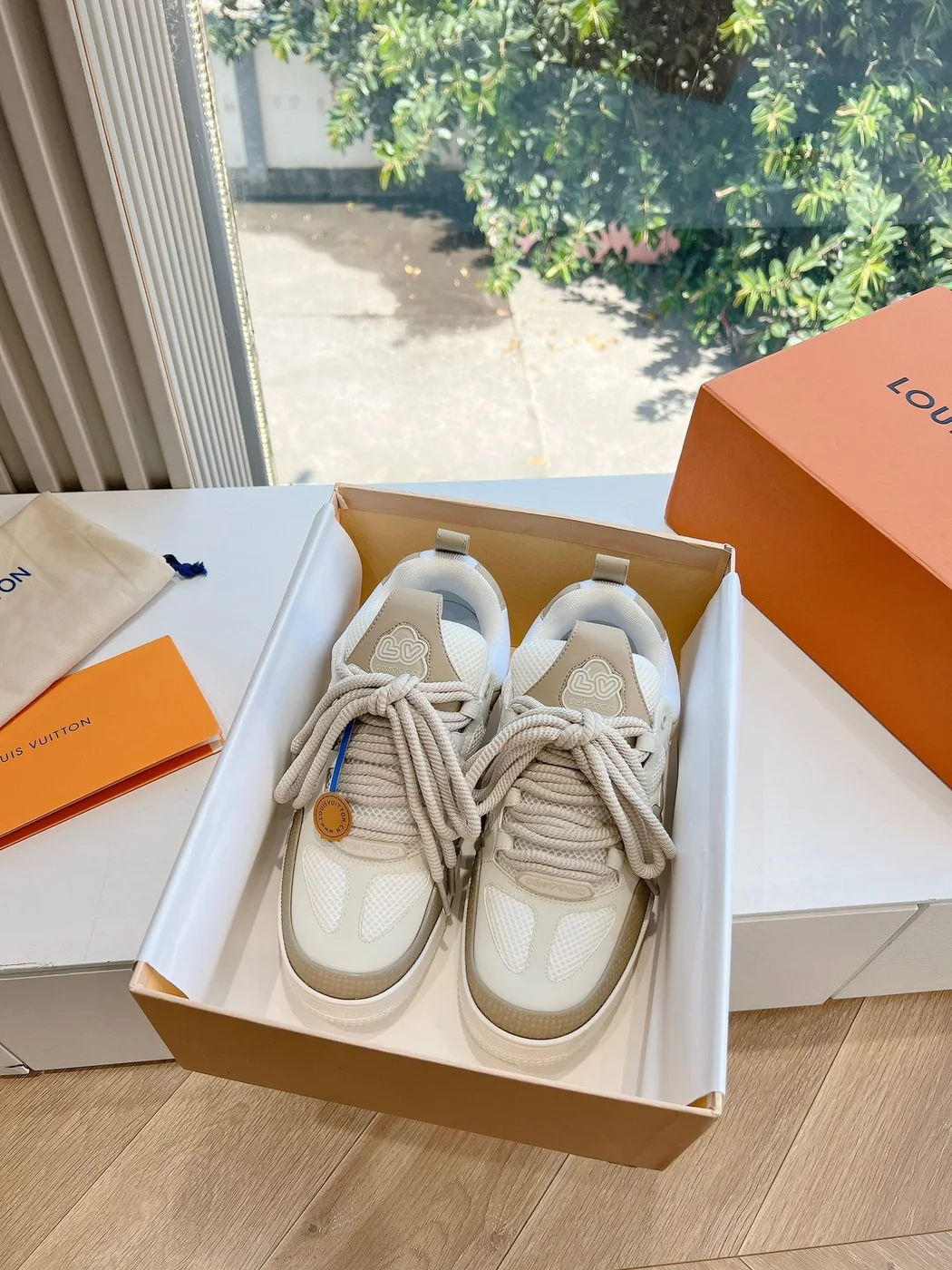 Louis Vuitton Women Beige Mesh Leather Sneakers product view 3