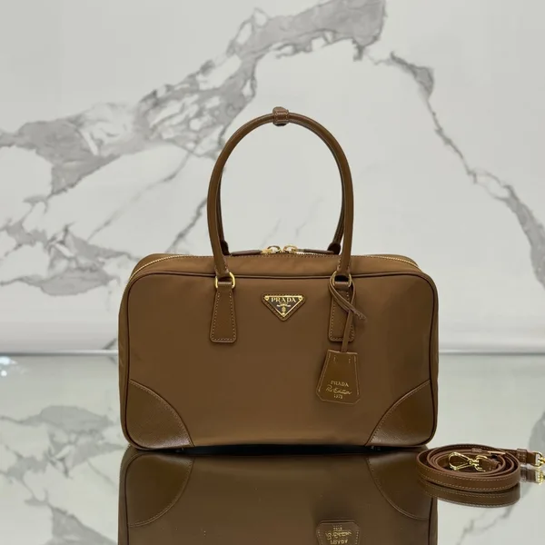 Prada Large Top Handle Bag 35 In Cherry Wood Nylon And Calfskin Trim product photo