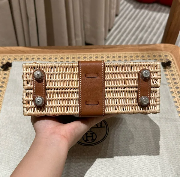Hermès Kelly Picnic Handbag In Brown & Natural Leather And Wicker Silver Hardware product view 6