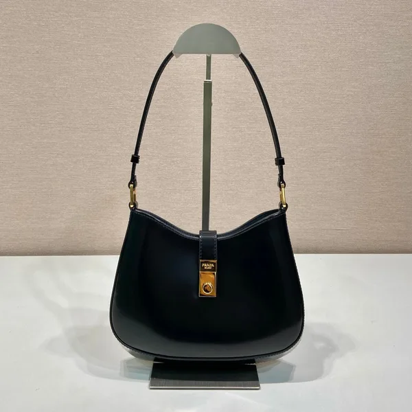 Prada Cleo Shoulder Bag 22 In Black Brushed Lambskin With Clasp Closure product photo