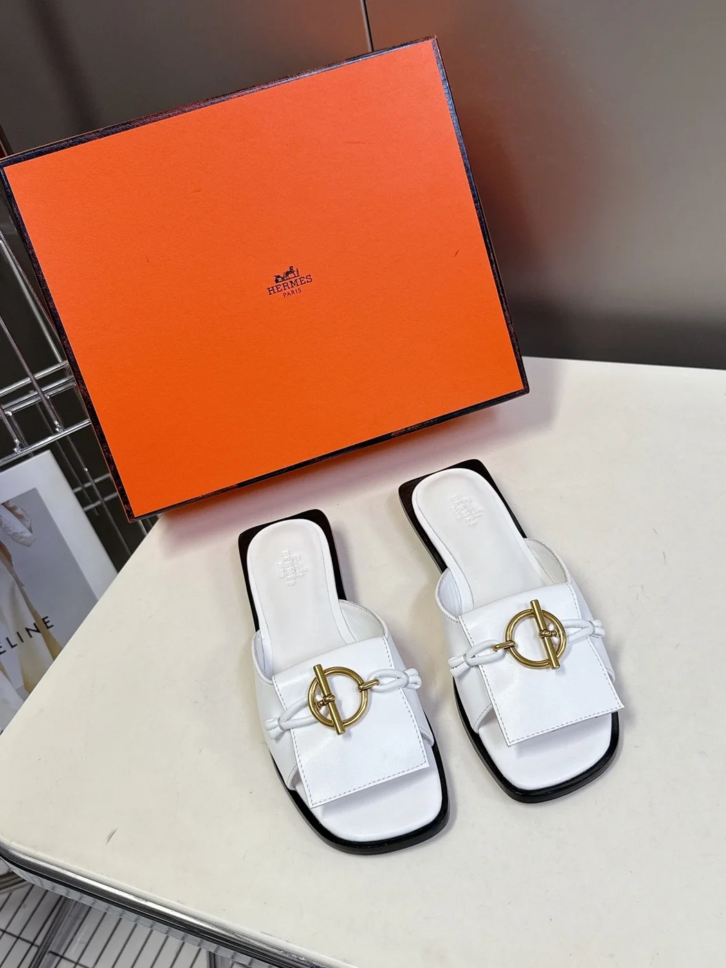 Hermès Women White Leather Mules — Gold-Tone Buckle Open-Toe Style product view 1