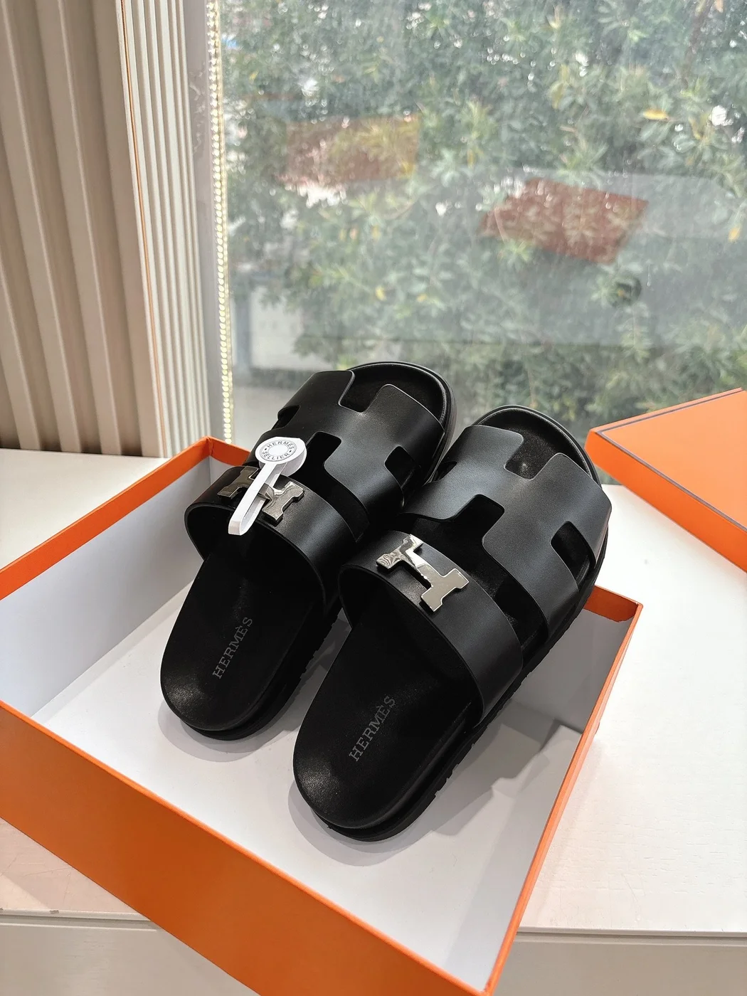 Hermès Women Black Leather Sandals — H-Strap Slides product view 5