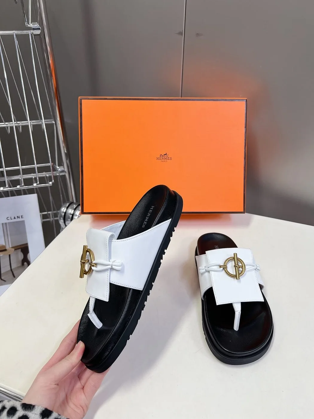 Hermès Women White Leather Black Sole Sandals product view 5