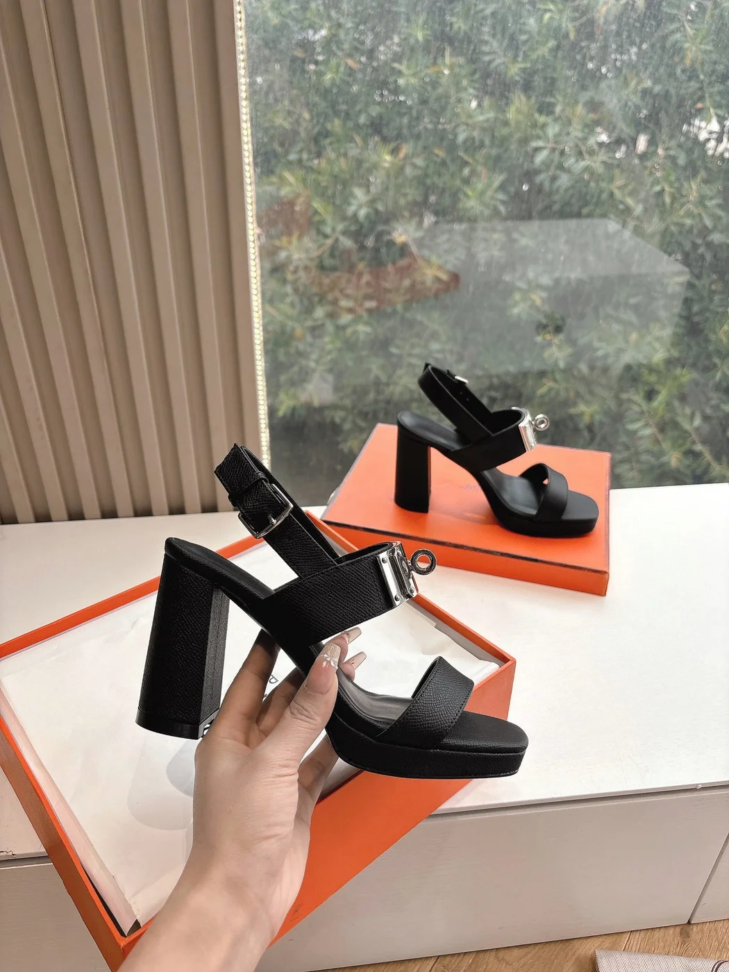 Hermès Women Black Leather Sandals — Wide-Strap Slingback product view 3