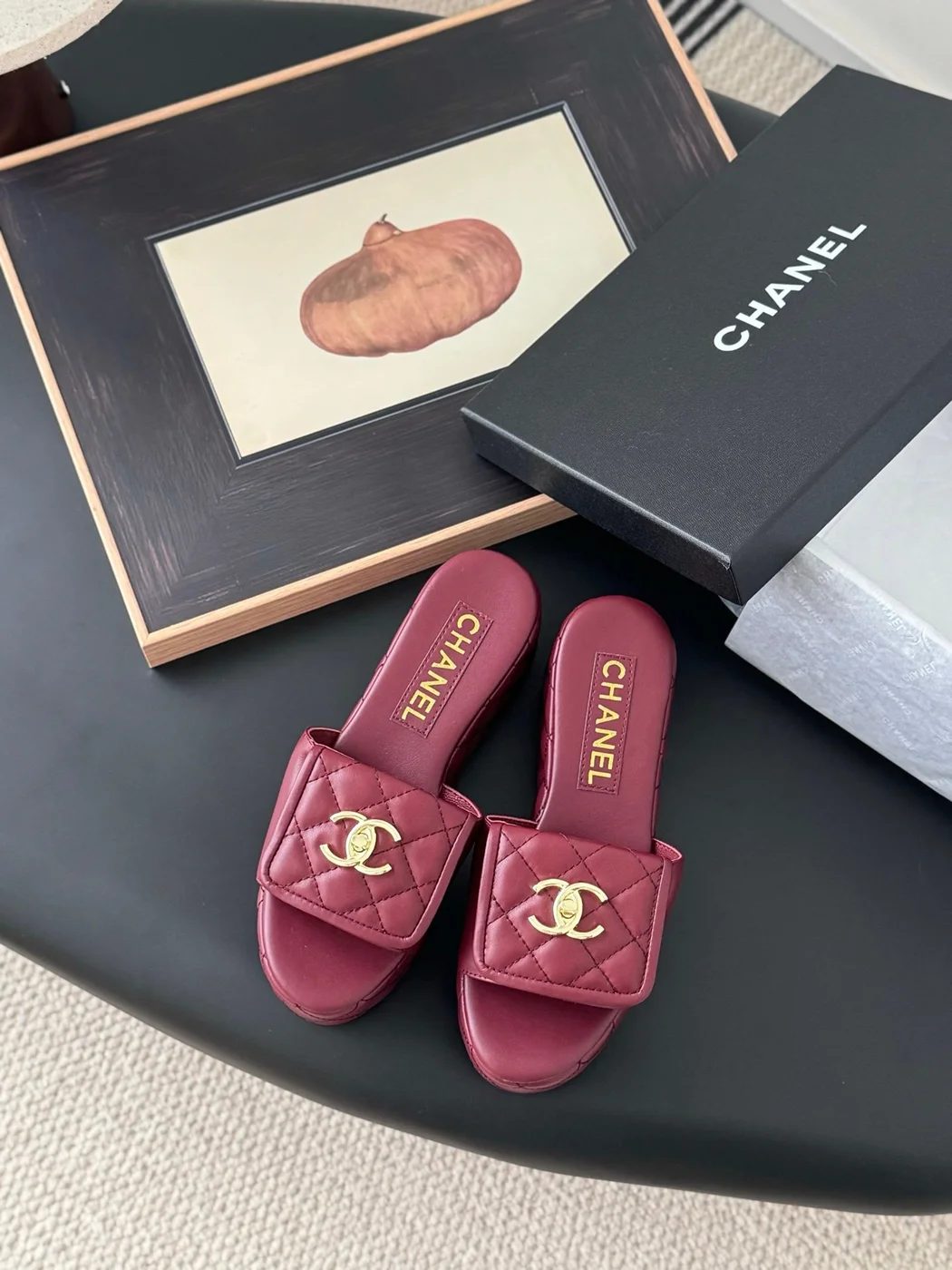 Chanel Women Burgundy Quilted Leather Slides — Gold-Tone CC Detail product view 1