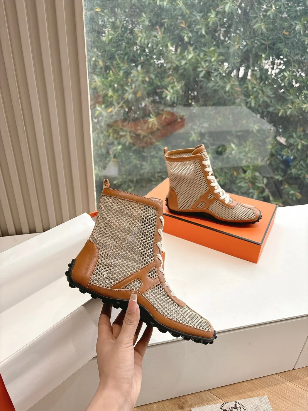 Hermès Women Beige Mesh And Brown Leather Sneakers product view 5