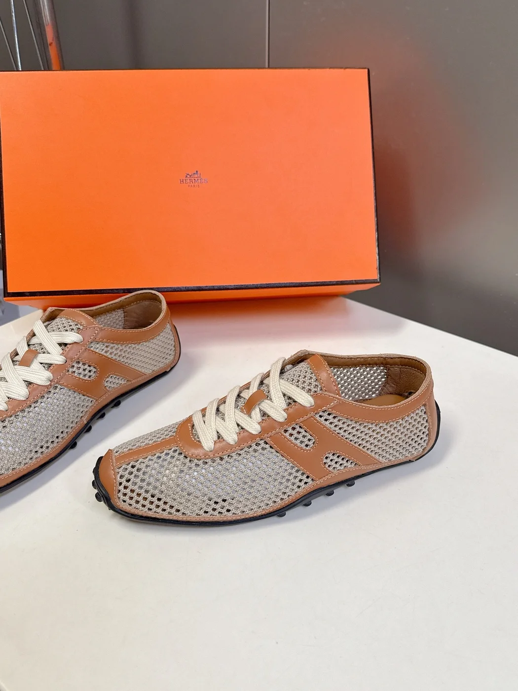 Hermès Women Beige Mesh And Tan Leather Sneakers product view 4