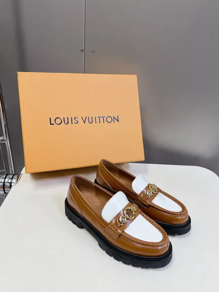 Louis Vuitton Women Brown White Leather Loafers product photo