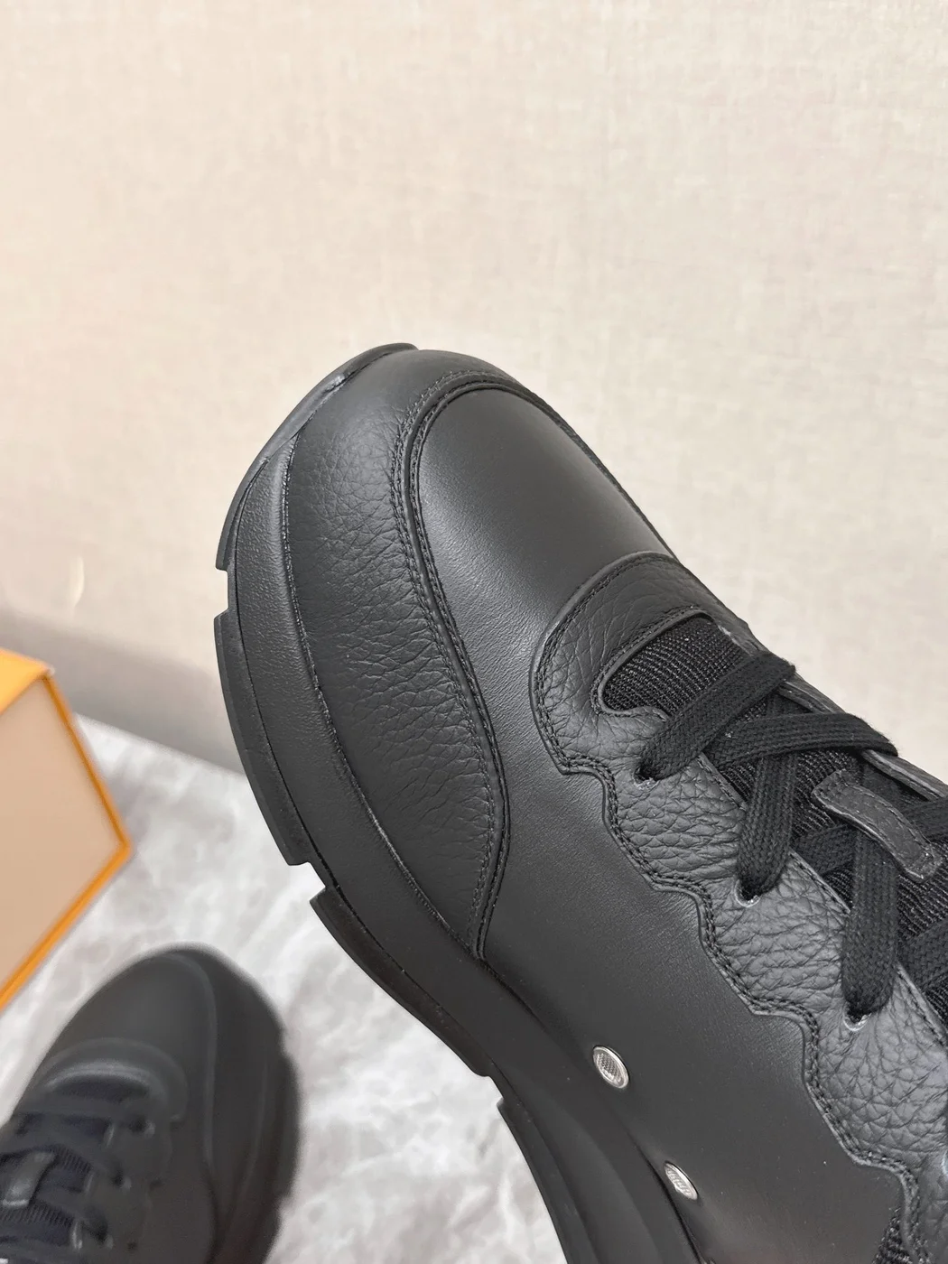 Louis Vuitton Women Black Leather Sneakers — Monogram Side Panels product view 2