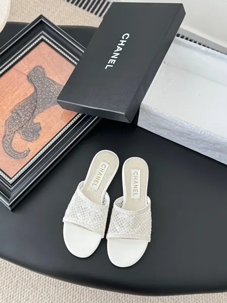 Chanel Women White Lace Mesh Slides product photo