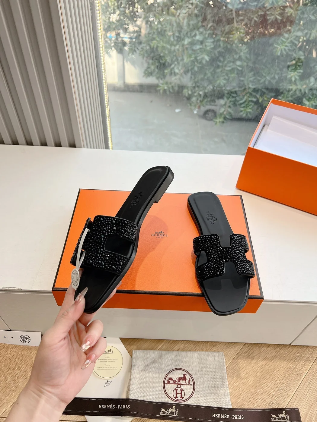 Hermès Women Black Leather Embellished Slippers product view 6