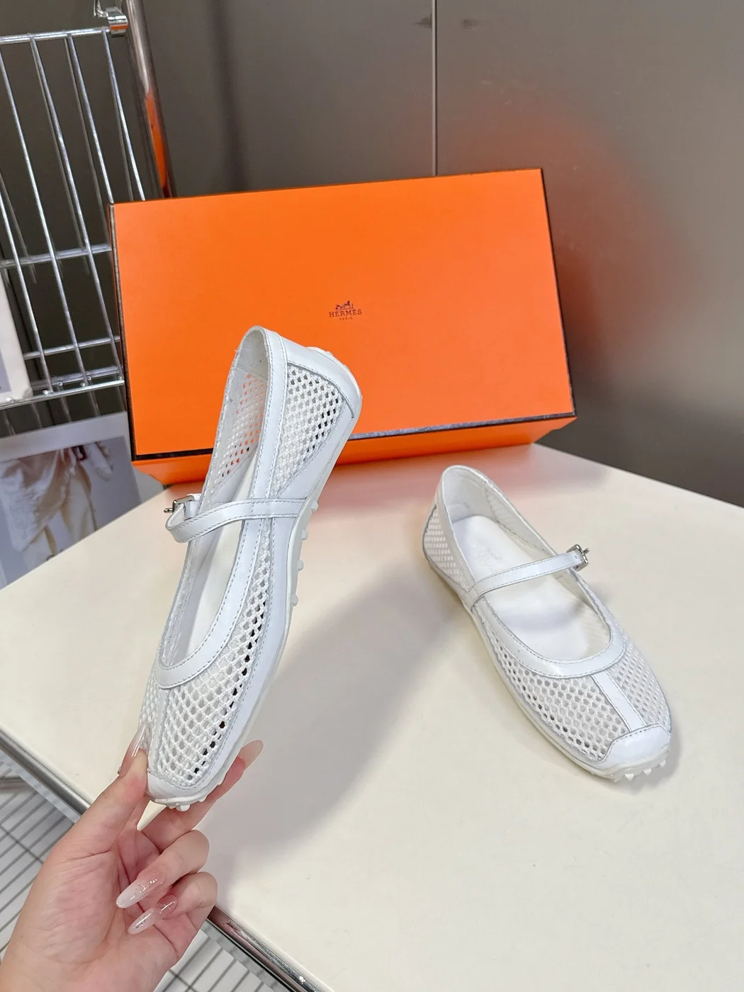 Hermès Women White Mesh Leather Mary Jane Flats product view 3