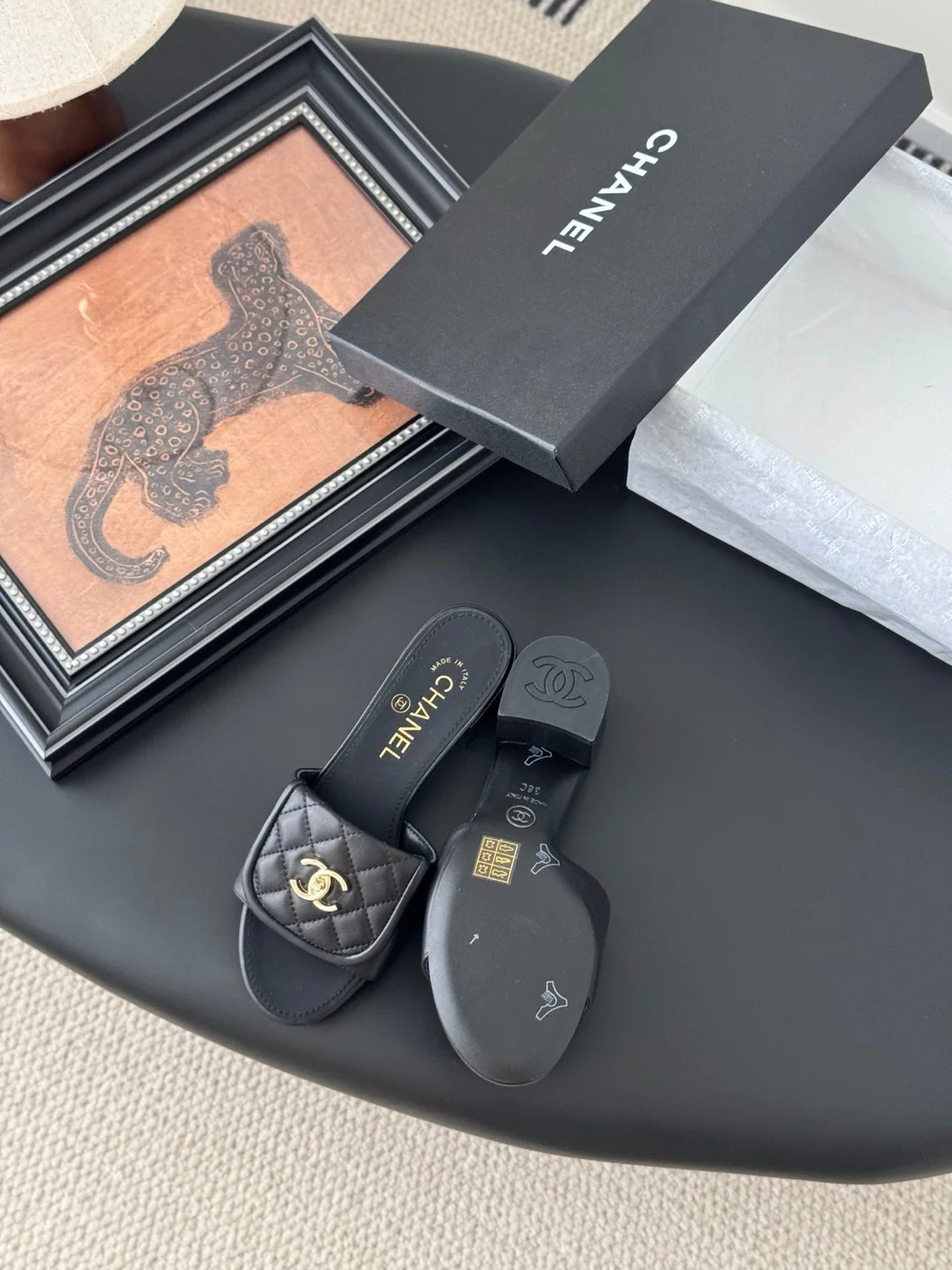 Chanel Women Black Quilted Leather Slides — Chain-Woven CC Detail product view 4