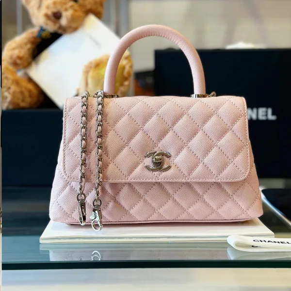 Chanel Coco Handbags Leather Pink With Silver Lock 23 cm product photo