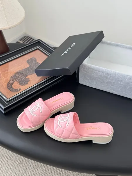 Chanel Women Pink Quilted Leather Slides — Tonal CC Detail product view 2