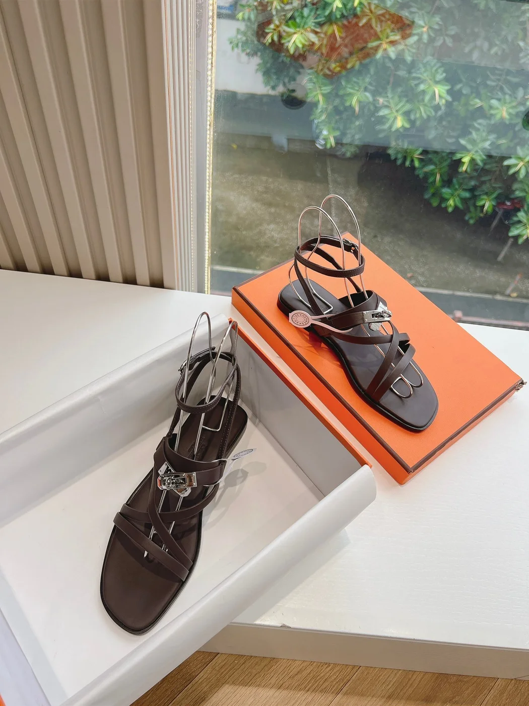 Hermès Women Dark Brown Leather Strappy Sandals product view 4