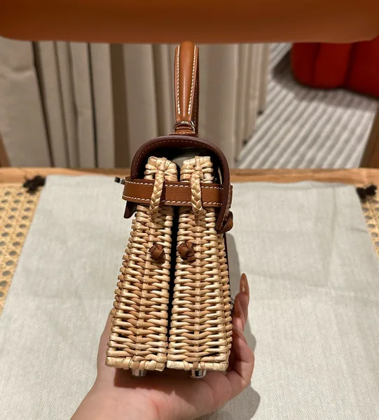 Hermès Kelly Picnic Handbag In Brown & Natural Leather And Wicker Silver Hardware product view 7