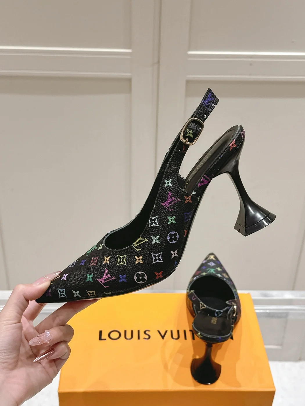 Louis Vuitton Women Black Patterned Leather Heels — Multicolor Pattern product view 6