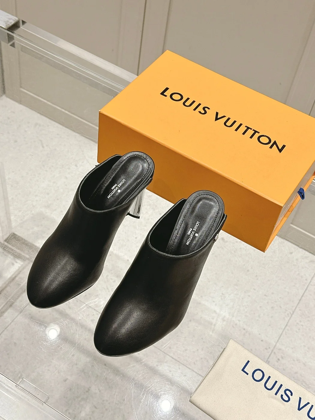 Louis Vuitton Women Black Leather Mules Heels product view 1