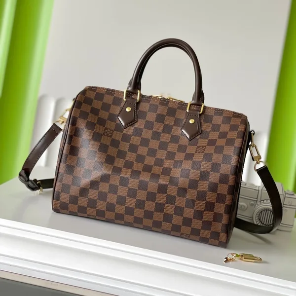 Louis Vuitton Speedy BANDOLIÈRE 30 In Dark Brown Damier Ebene Canvas Gold Lock Bag product photo