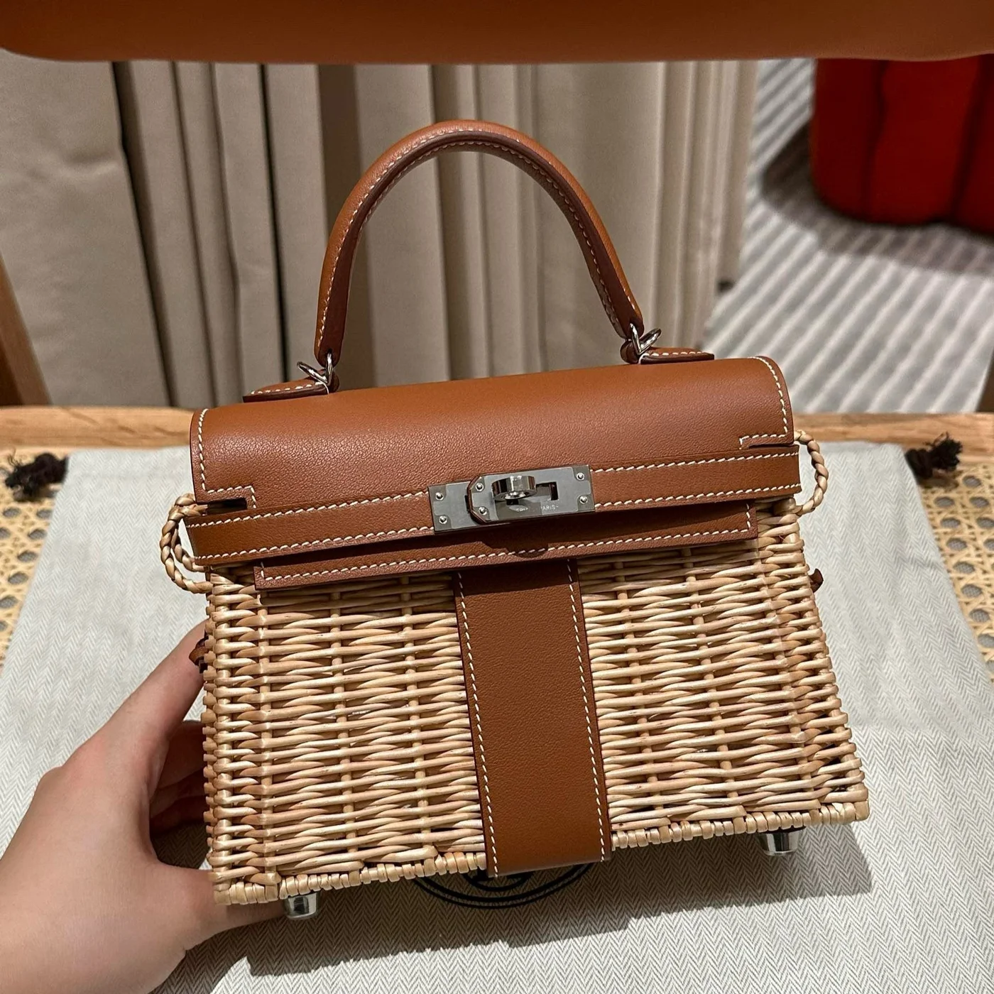 Hermès Kelly Picnic Handbag In Brown & Natural Leather And Wicker Silver Hardware product view 1