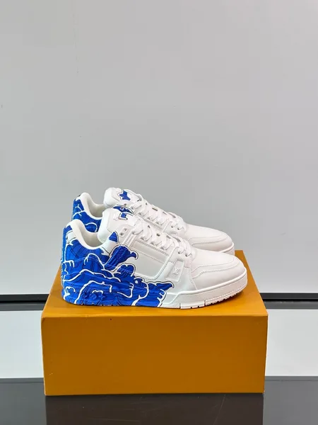 Louis Vuitton Men White and Blue Sneakers — Blue Floral Side Pattern product photo