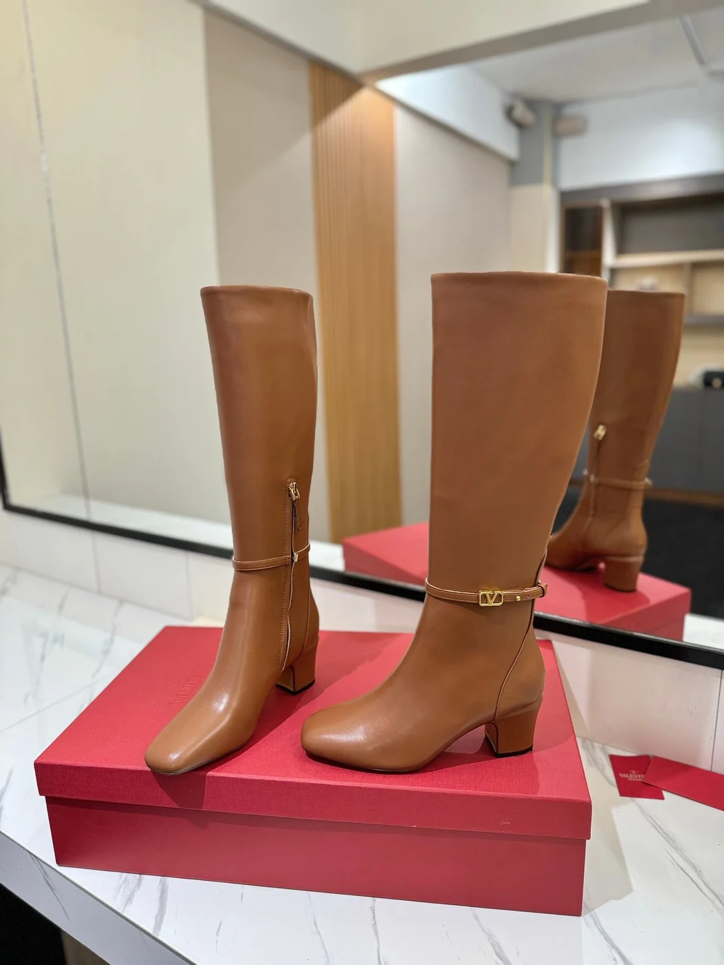 Valentino Women Tan Leather Mid-Calf Boots product view 2