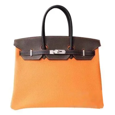 Hermès Birkin 35 Orange Togo Bag with Black Handles and Dark Brown Trim product photo