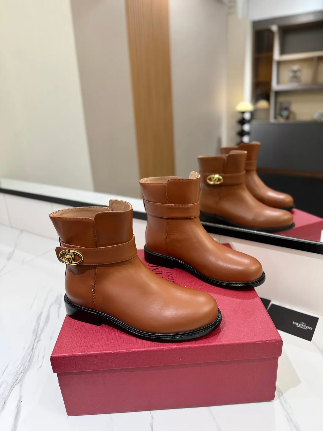 Valentino Women Brown Leather Ankle Boots — Low-Heel Chain-Cuff Style product view 1