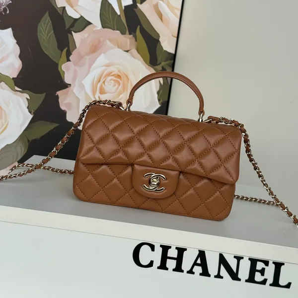 Chanel Flap Bag 20 In Bronze Brown Lambskin With Handle product photo