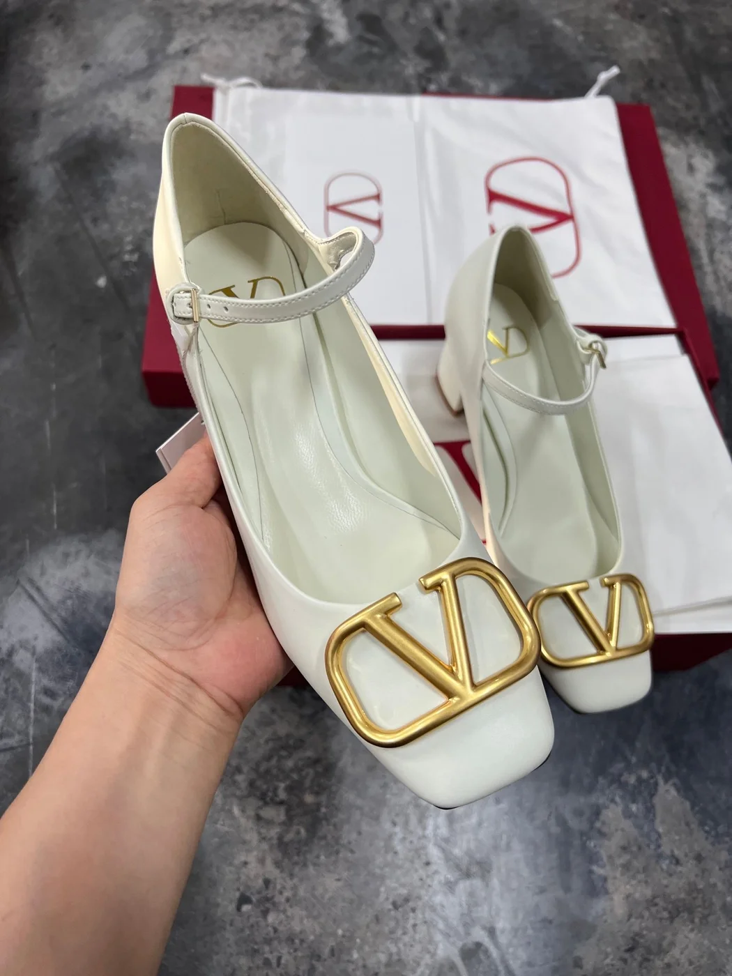 Valentino Women White Mary Jane Heels with Gold-Tone VLogo Detail product view 4