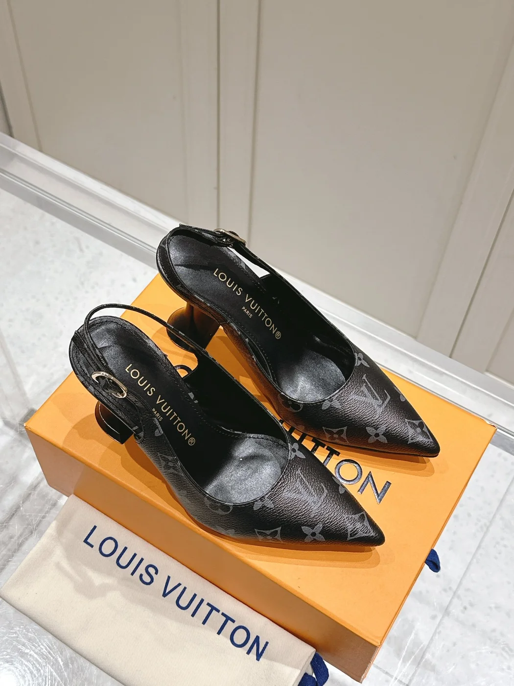 Louis Vuitton Women Black Patterned Leather Heels — Tonal Gray Pattern product view 2