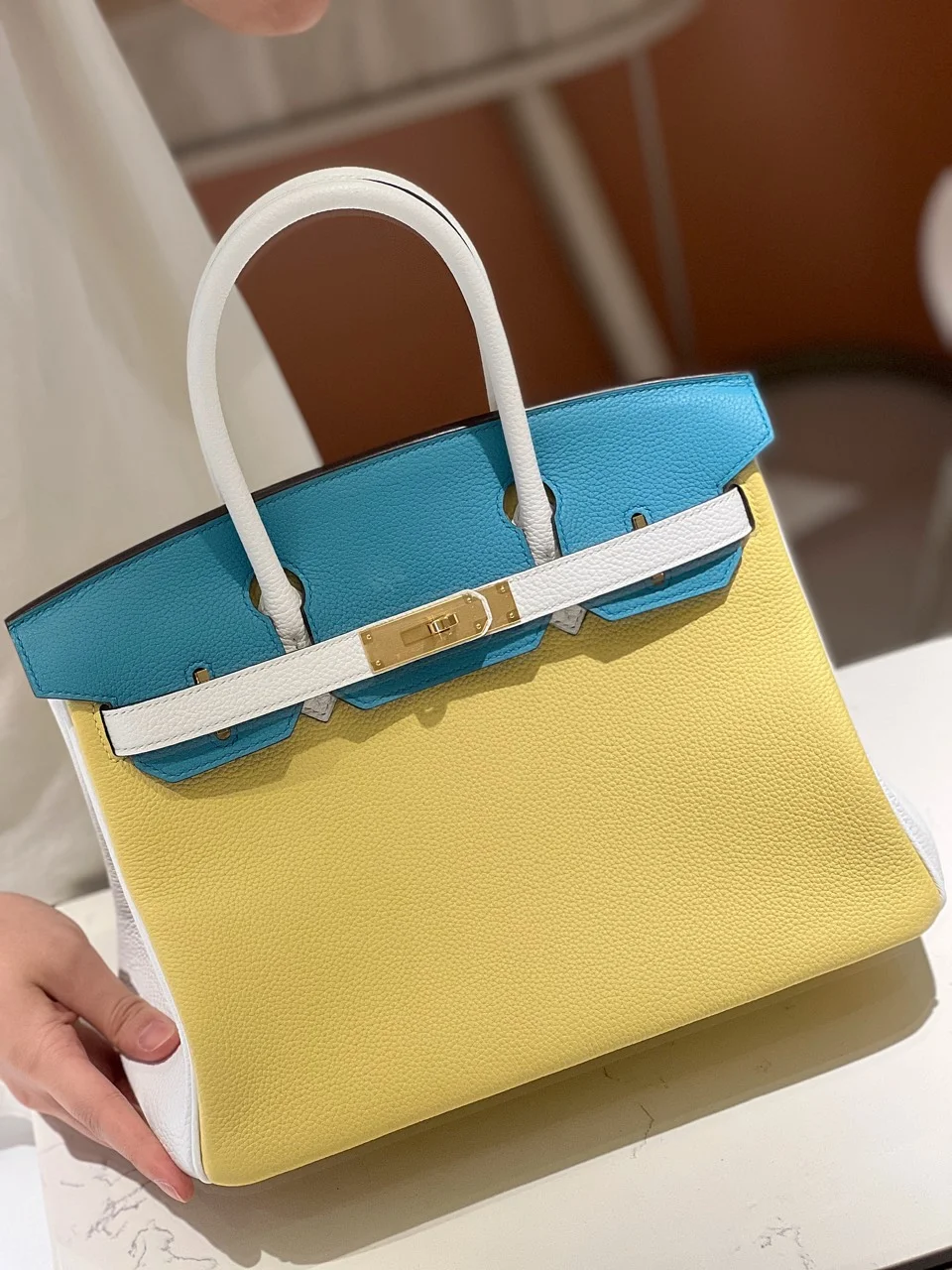 Hermès Lime, Bleu de Galice and Gris Perle Chèvre Tri-Color Hss Birkin 25 Brushed Gold Hardware Bag product view 5