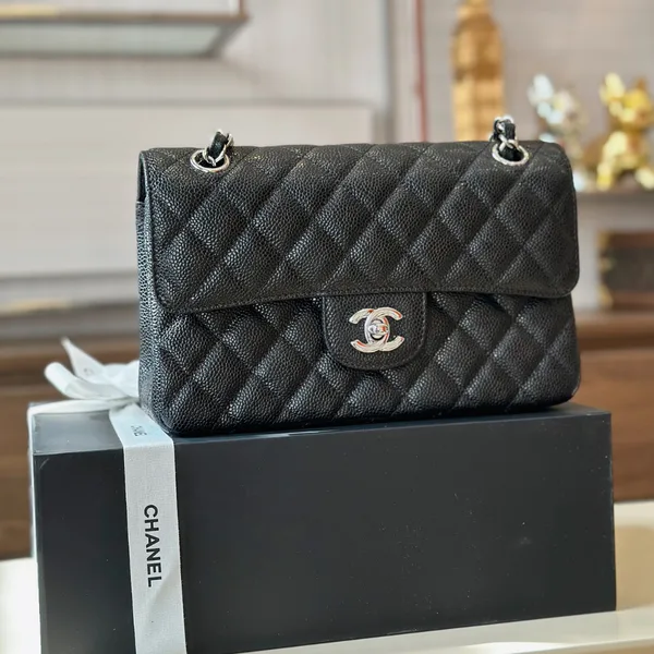Chanel Classic Handbags Woman’s Black Leather Lock Silver 23 cm product photo