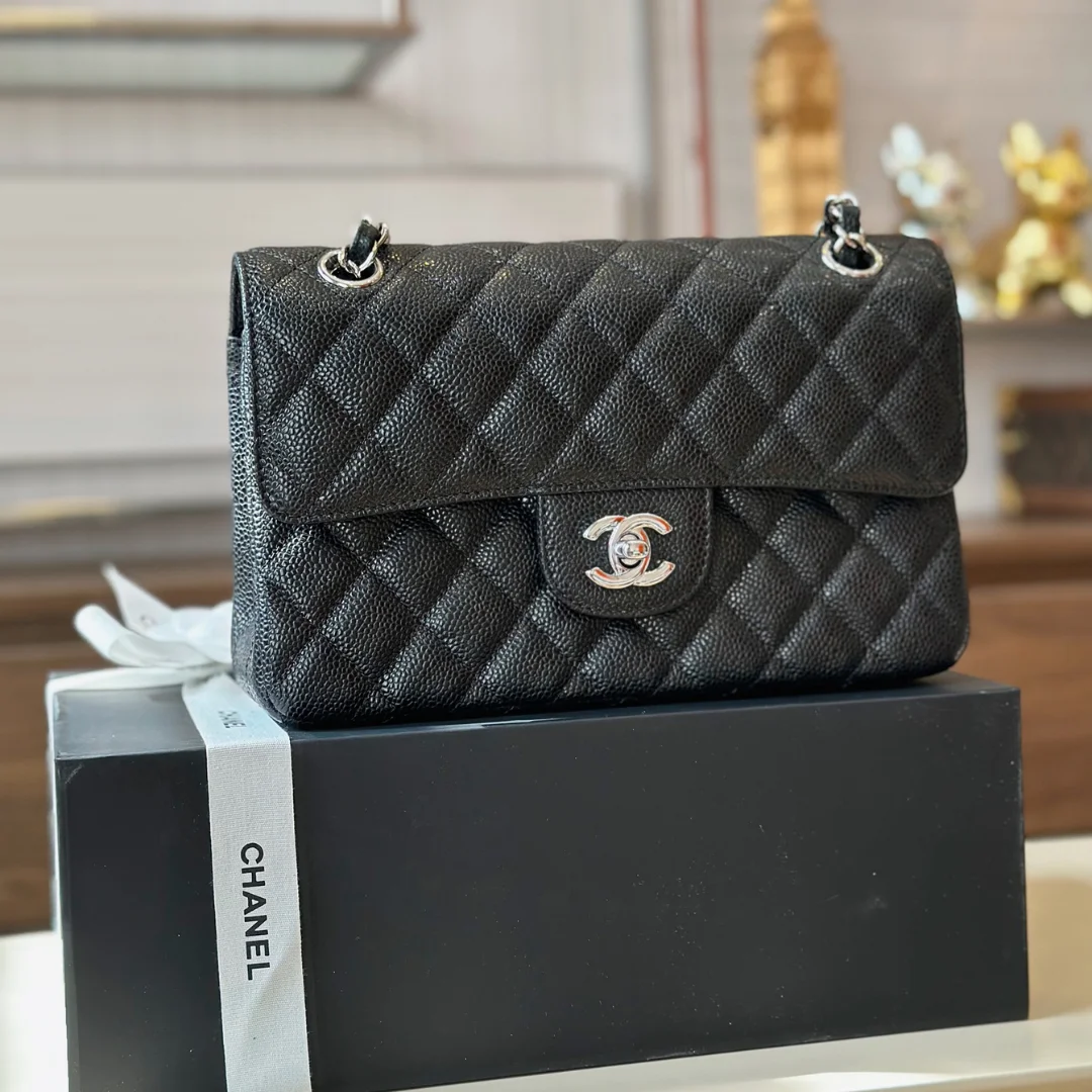 Chanel Classic Handbags Woman’s Black Leather Lock Silver 23 cm product view 1