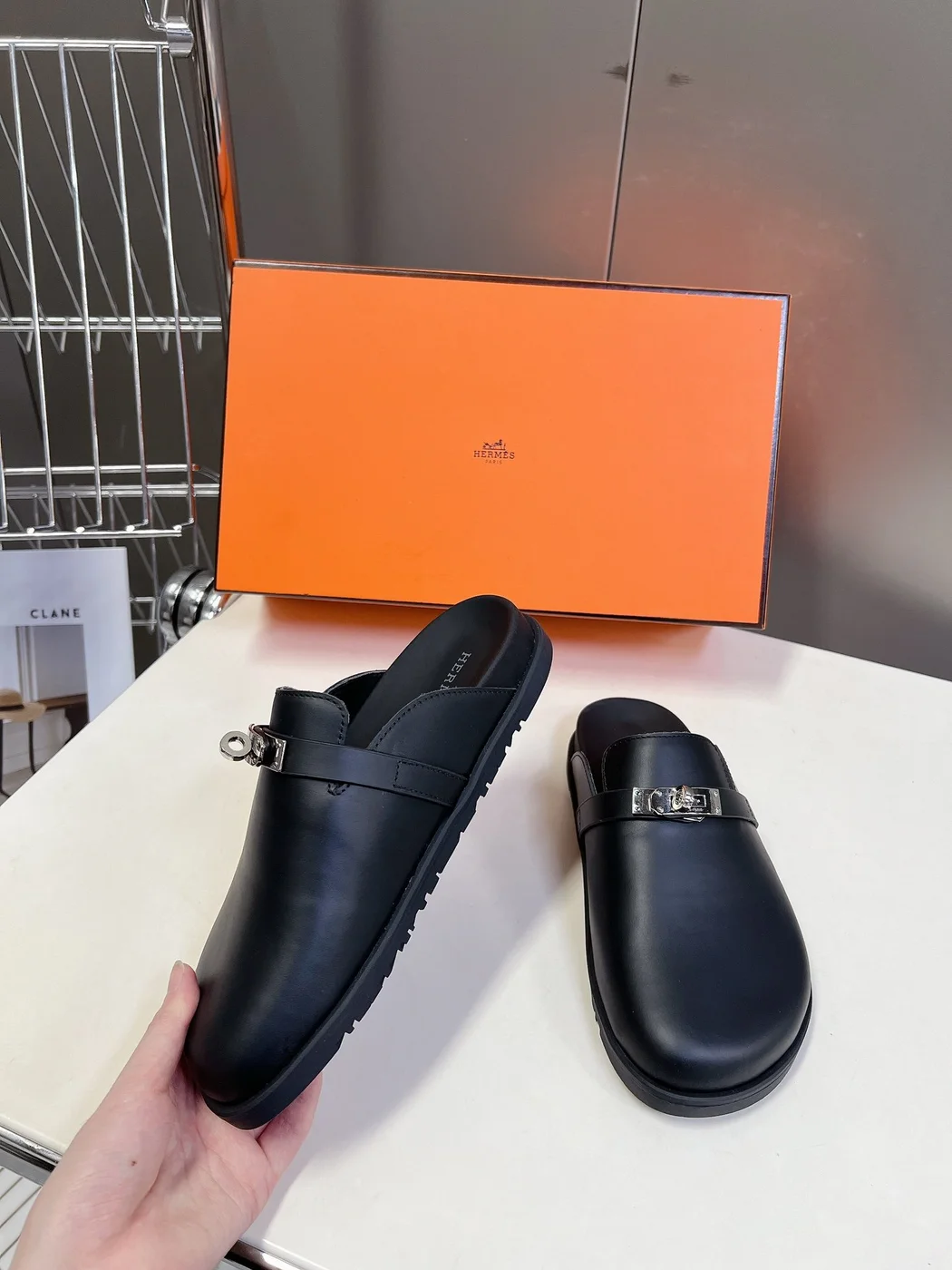 Hermès Women Black Leather Mules — Rounded Toe with Black Sole product view 3