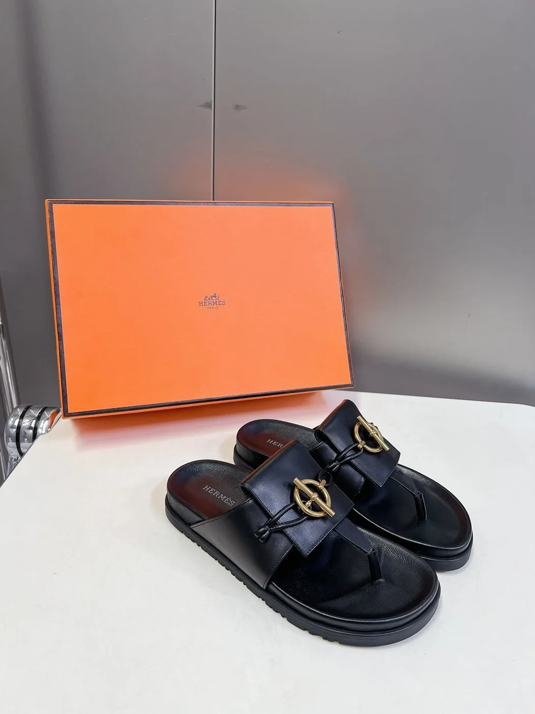 Hermès Women Black Leather Sandals — Gold-Tone Buckle Slides product view 4