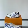Louis Vuitton Men White and Blue Sneakers — Oval LV Side Detail product view 5
