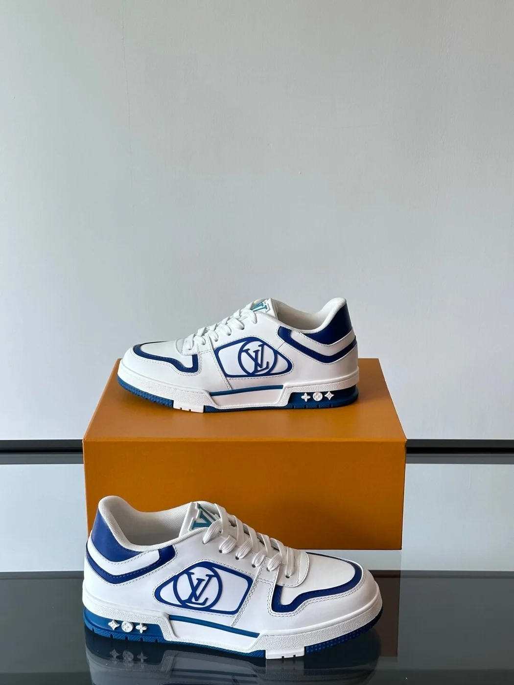 Louis Vuitton Men White and Blue Sneakers — Oval LV Side Detail product view 5