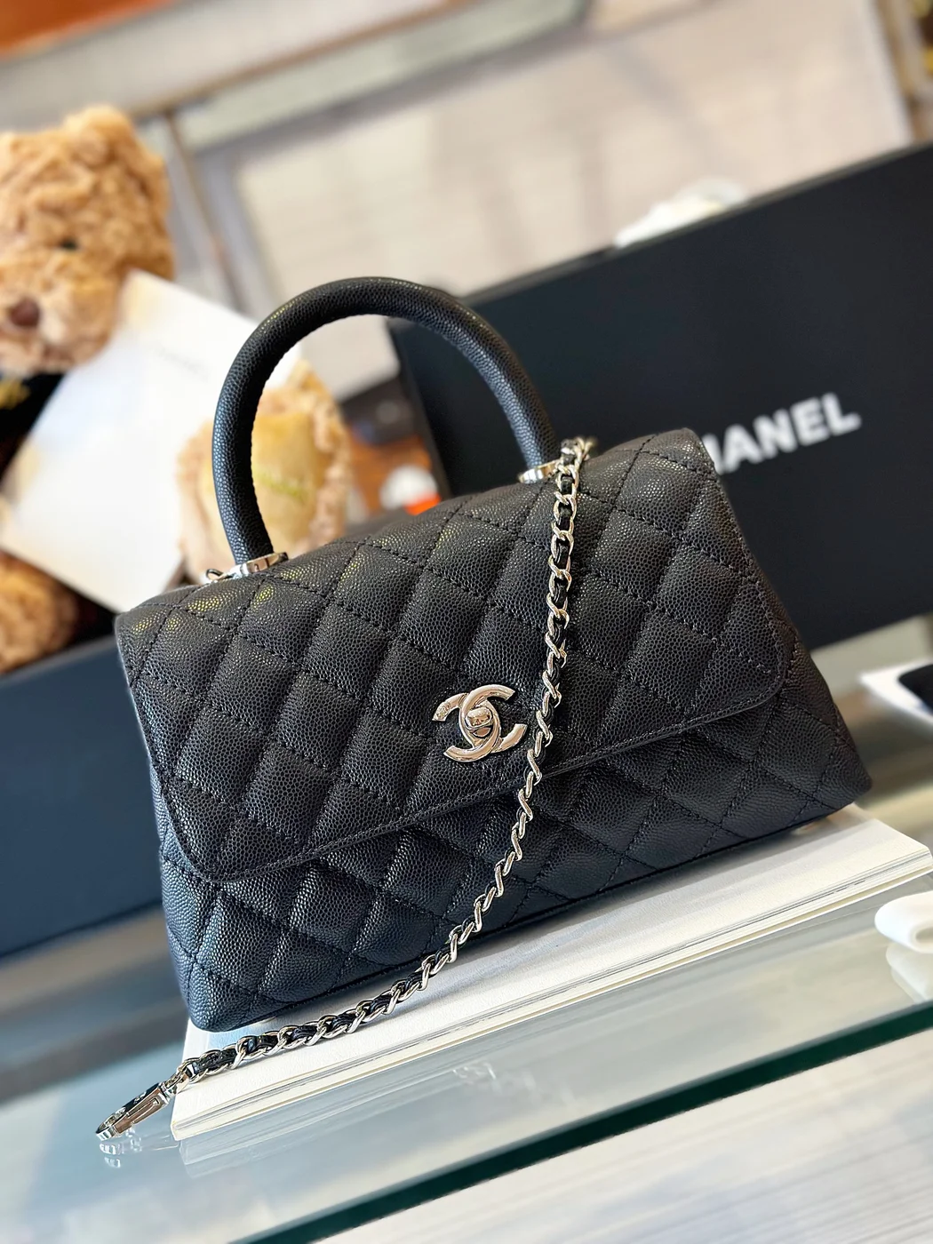 Chanel Coco Handbag Leather Black With Silver Lock 23 cm product view 7