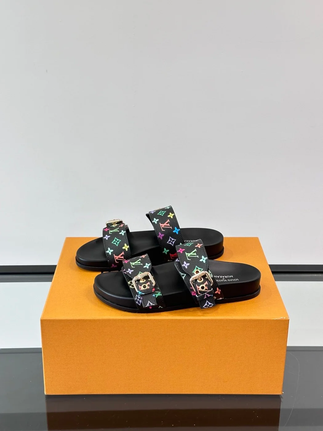 Louis Vuitton Men Black Leather Multicolor Monogram Slides product view 3