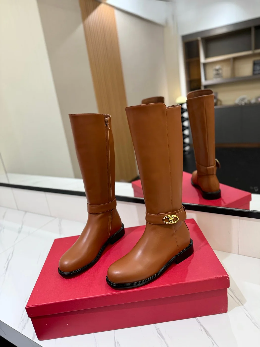 Valentino Women Brown Leather Knee High Boots — Ankle-Strap Detail product view 3