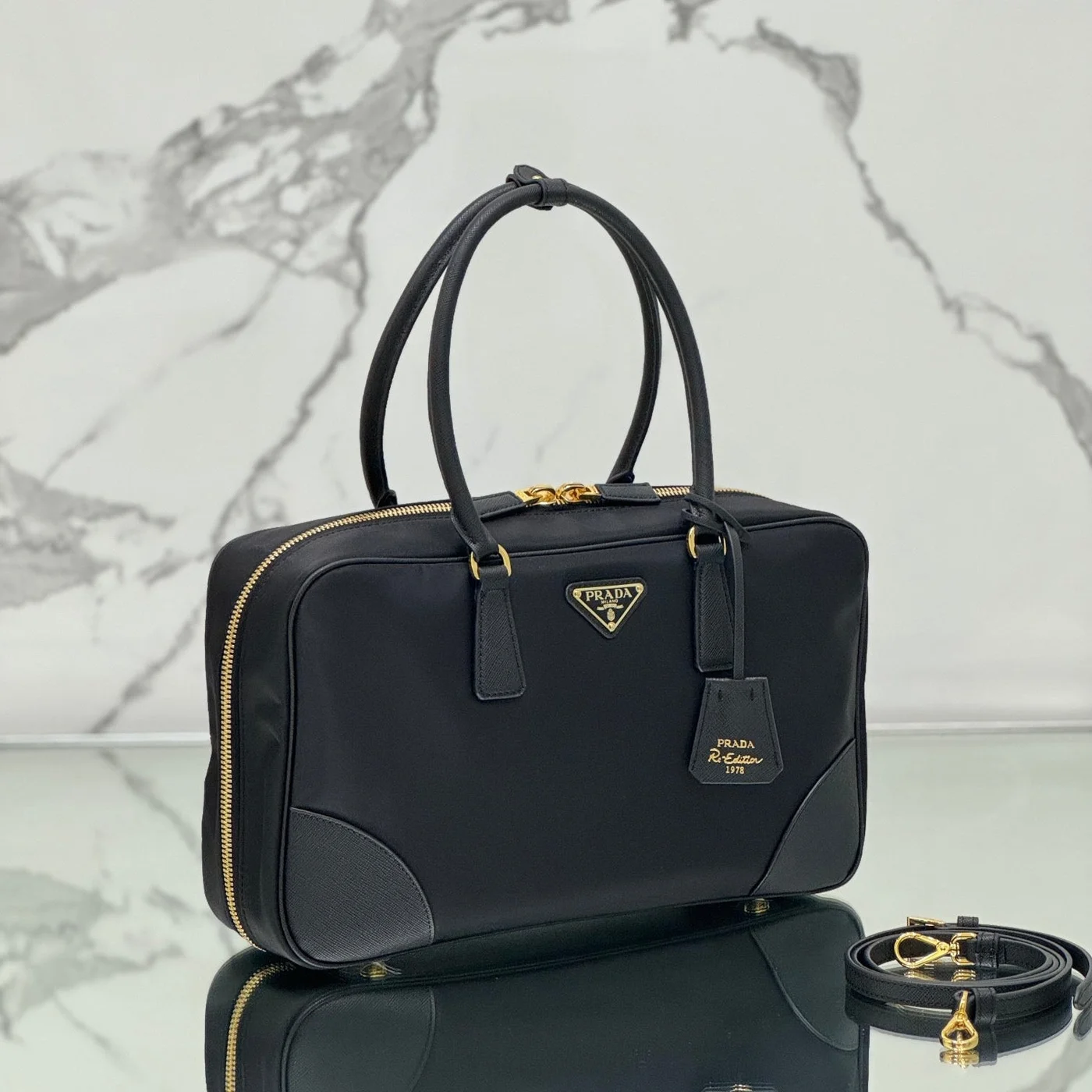 Prada Large Top Handle Bag 35 In Black Nylon And Calfskin Trim product view 2