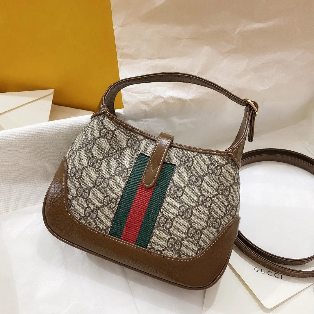 Gucci Jackie 1961 Small 28 Shoulder Bag In Beige Canvas And Brown Calfskin product view 3