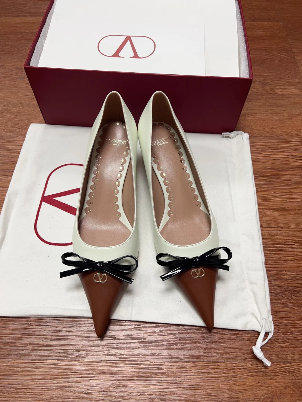 Valentino Women Ivory Leather Brown Patent Heels product view 1